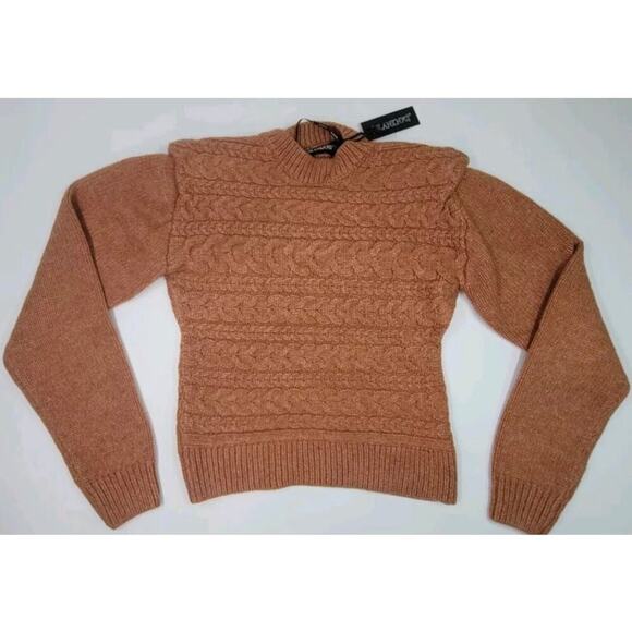 Blank NYC Women's Bronze Brown Cable Knit Crewneck Sweater Shoulder Pads SZ Med - Picture 2 of 4